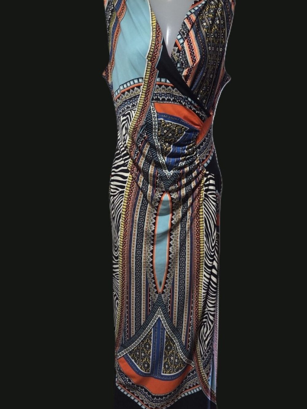 Sleeveless Multi-Print Maxi Dress in Turquoise and Orange